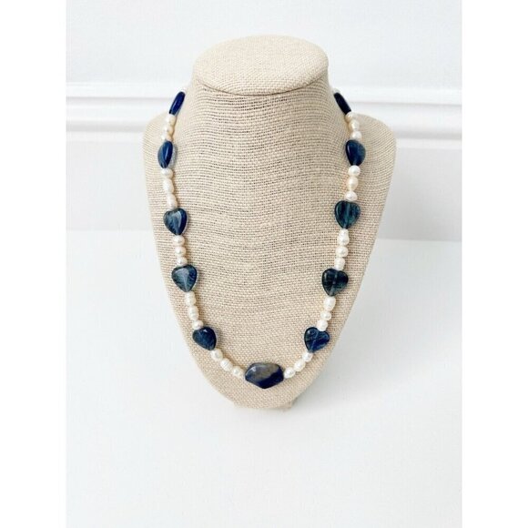 NWT Genuine Sodalite, Quartz & Pearls Necklace Hearts Blue White Beaded - Picture 1 of 5